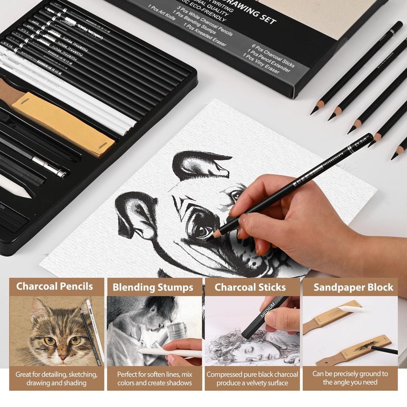 GETHPEN 27 Piece Charcoal Drawing Set - Professional Black &