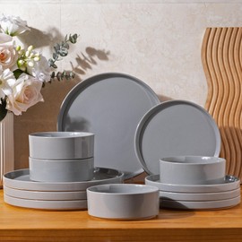 AmorArc Ceramic Dinnerware Set for 4 | Speckled Stoneware Plates and Bowls with unglazed terracotta | Scratch Resistant, Dishwasher & Microwave Safe Dishes Sets- 12-Pcs Gray
