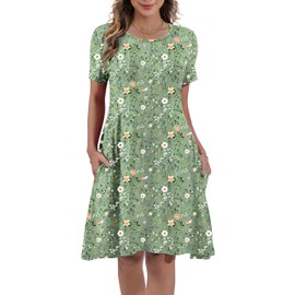 REGAI Womens Summer Dresses Casual Loose Tshirt Crew Neck Floral Short Sleeve Flowy Pockets Sundresses, Floral Green, 2XL