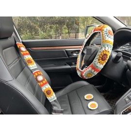 Steering Wheel Cover,Handmade Crochet Rainbow Sunflower Granny Square Steering Wheel Covers (Wheel Covers+2belt Covers+2Car Coasters+Strawberry)
