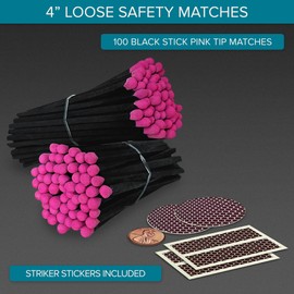 4" Black Stick Pink Tip Matches + Striker Stickers Included | 100 Bold Tip Decorative Safety Matches | Premium Long Matchsticks | Unique Gifts, Home Decor & Candle Accessories by Thankful Greetings