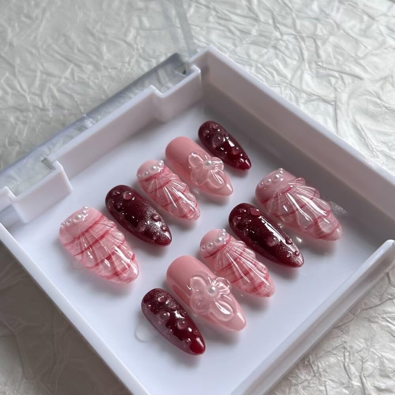 10 Pcs Press on Nails Medium Almond Fake Nails, 3D