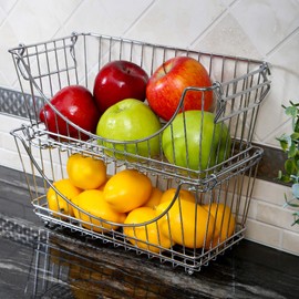 Smart Design Stacking Baskets Organizer w/ Handle - Medium - Steel - for Food, Fruit, & Vegetable Safe - Kitchen (12.63 x 5.5 Inch) [Chrome] (2 Pack)