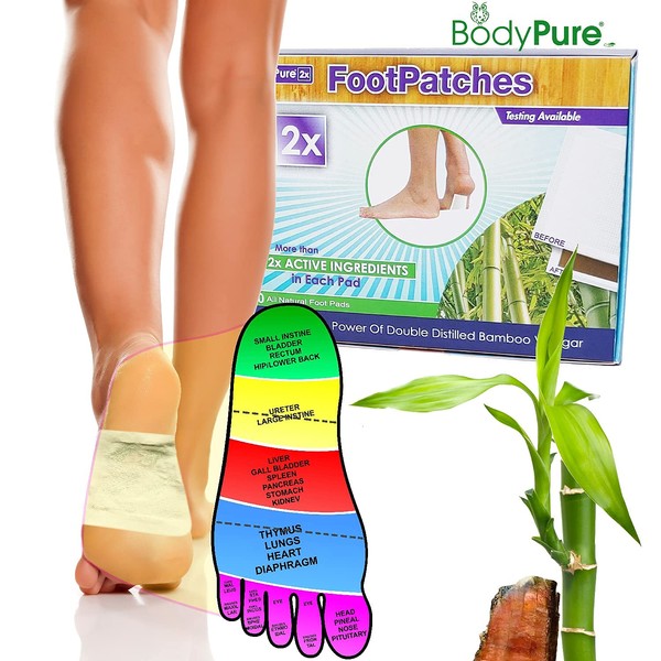 BodyPure2x Herbal Deep Cleansing Foot Pads w Tourmaline | All-Natural Bamboo Foot Patch | Takesumi Foot Patches | Twice The Potency | Testing Available For Used Pads | Sleep Deeper | Made In The USA