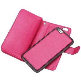 Valentoria Premium Vintage Leather Wallet Case Magnetic Detachable Slim Back Cover Card Holder Slot Wrist Strap (Hot Pink)