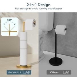 FORIOUS Toilet Paper Holder Stand, Brushed Gold Toilet Paper Holder Free Standing, [2.9lb Weighted Base] Stand Up Toilet Paper Holder for Bathroom, 304 Stainless Steel Roll Tissue Holder Stand