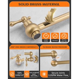 RALANDA Brass Pot Filler Faucet Gold, Dual Valve Wall Mount Pot Filler Faucet, Potfiller, Two Handles Strechable Double Joint Swing Arms