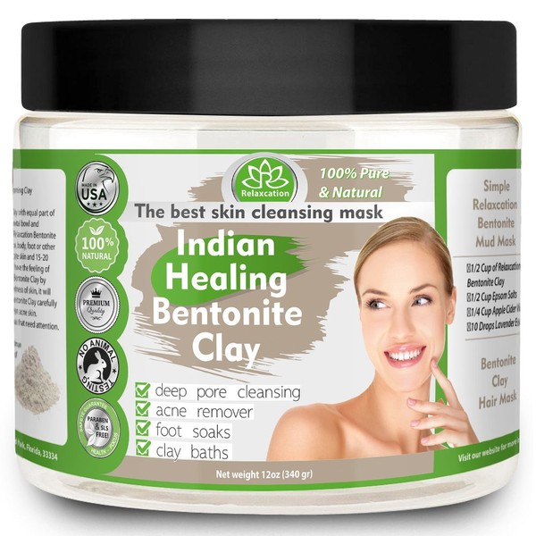 Indian Healing Clay, Pure & Natural Bentonite Clay, Deep Pore Cleansing Mask, Face Skin Care, Detoxifying Wyoming Organic Clay/Acne Remover & Rejuvenating Skin – Made in USA