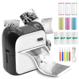 PRINHSJI Mini Sticker Printer Portable Pocket Inkless Thermal Printer with 10 Rolls Thermal Paper for Android or iOS APP, Portable Receipt Printer for Photo Journal Notes Memo