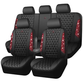 CAR PASS Bling Diamond Black Red Leather Car Seat Covers Full Set, Waterproof Shining Glitter Sparkly Crystal Universal Armrest Fit Automotive Truck SUV Women Girl, Rhinestone Interior Cover Set, Red