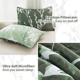 Andency Green Quilt Queen Size (96x90 Inch), 3 Pieces Fall Floral Lightweight Bedspread, Microfiber Reversible Quilted Coverlet with 2 Pillowcases for Men Women