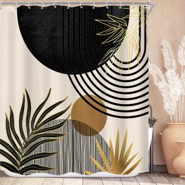 KOMLLEX Mid Century Black Gold Boho Shower Curtain 72Wx72L Inches Abstract Modern Green Shower Curtains for Bathroom Plant Botanical Minimalist Arch Sun Fabric Liner Waterproof Polyester 12 Pack Hooks
