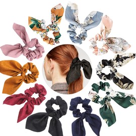 10 Pack Satin Hair Scrunchies Rabbit Bunny Ear Bow Bowknot Scrunchie Bobbles Elastics Hair Ties Bands Ponytail Holder for Women Girls