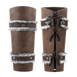 HZMAN Medieval Gauntlet Wristband Fur Leather Bracers for Men Cuff Armor Leather Viking Wrist Arm Guards for LARP Costume Bracer (Brown)