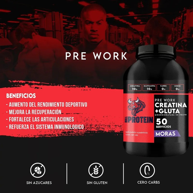 Suplemento Creatina Glutamina Bull Protein 1kg 50servicios