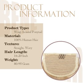 Benehair Ponytail Real Hair Extensions 100% Real Hair in Ponytail Extensions Platinum Blonde Ponytail Extension Real Hair Ponytail Real Hair for Women 40 cm 80 g #60