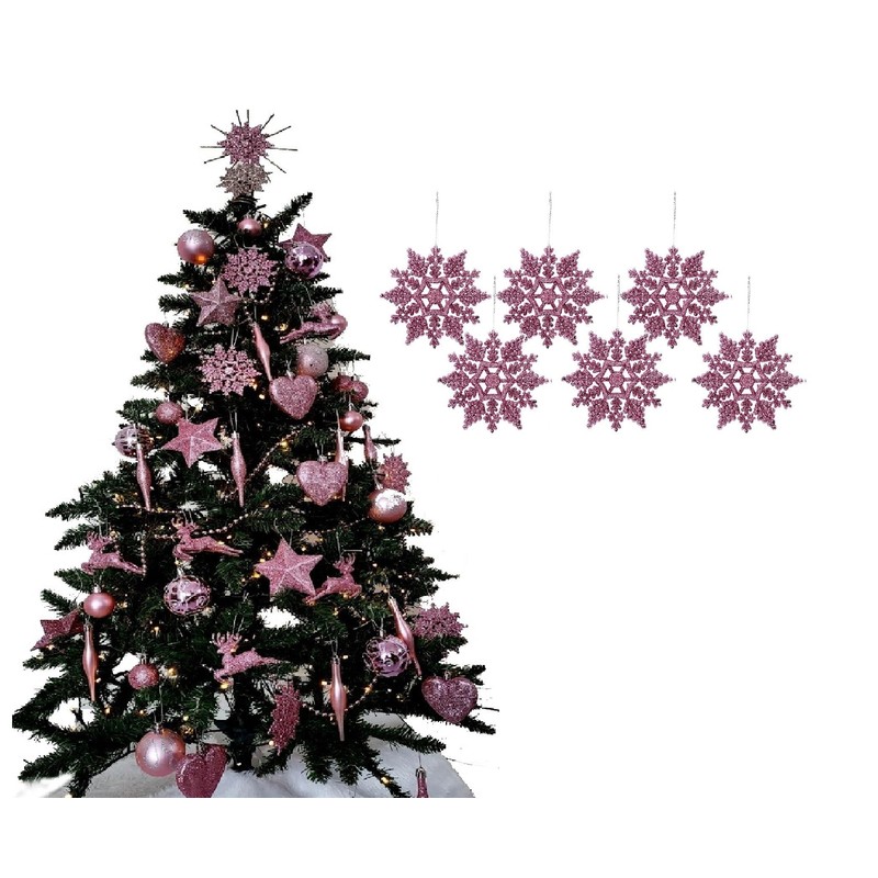 12pk Glitter Snowflake Hanging Decorations, Christmas Tree Snowflake Baubles/Ornaments (Blush