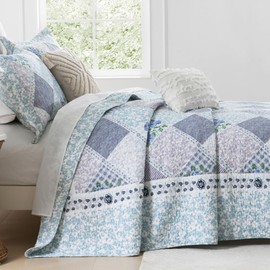 FineStichery 100% Cotton Oversized Quilt Bedspread 120"x120", Lightweight King Bedspreads Coverlets, Extra Large Floral Quilt, Quilted Reversible Bedding Cover, 3 Piece, Blue