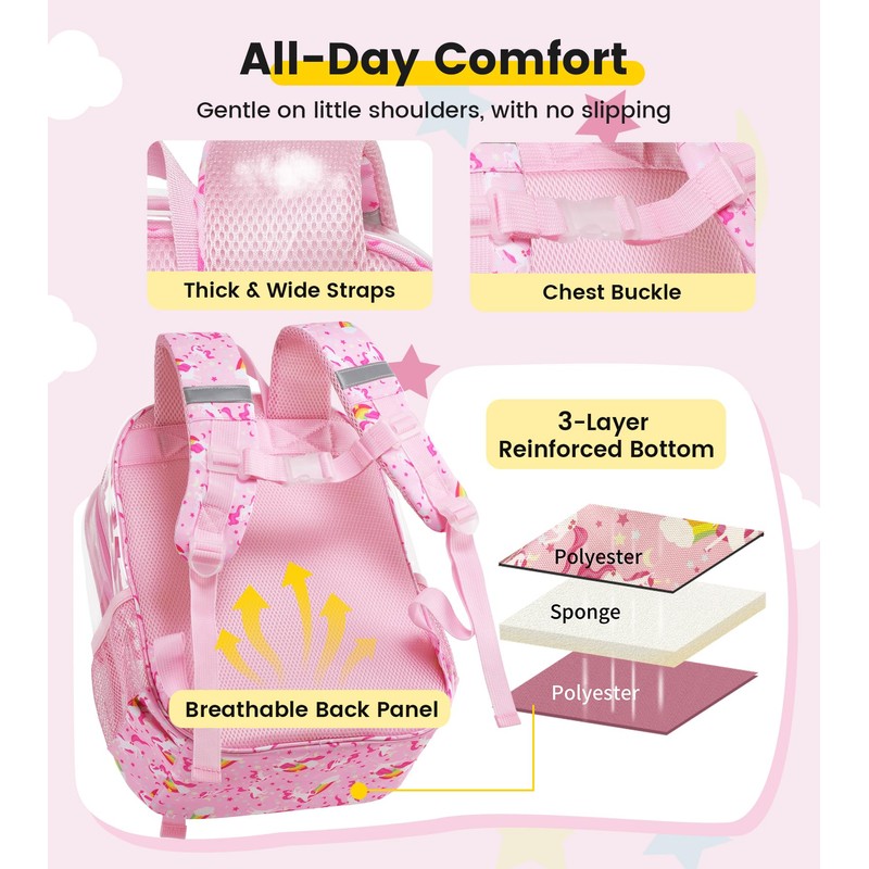 Vorspack Clear Backpack for Girls, Cute Transparent School Bookbag, Pink