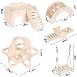 Colexy Pack of 5 Hamster Toys, Hamster Hideout House, Natural Wood Hamster Chew Toy Set, Hamster Seesaw Hamster Toy Made of Wooden Swing, Molar Toy Dwarf Hamster Accessories for Gerbils Rats
