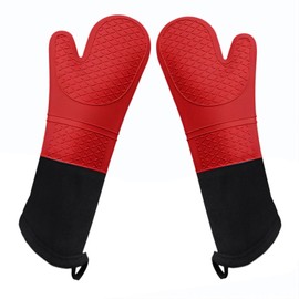 Linwnil Extra Long Silicone Oven Mitts Heavy Duty Commercial Grade Oven Mitts Heat Resistant BBQ Gloves with Quilted Cotton Lining 2 Pack (Red)