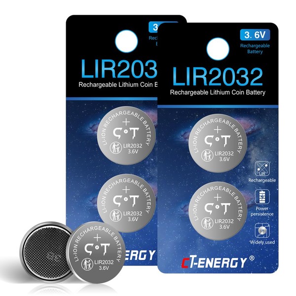 CT-ENERGY Rechargeable 2032 Batteries 3.6V Lithium Ion Button Coin Cell Batteries of Airtag Car Key Fob Batteries CR2032 Rechargeable (4pcs)