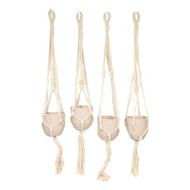 Ebros Gift Set of 4 Decorative Cotton Frill Macrame Hanger with Clay Pots Hand Made Wall Decor for Small Succulents Plants Home Patio Decor Accent