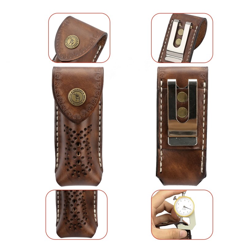 Tourbon EDC Leather Pocket Folding Knife Sheath Carrier Holster Flashlight