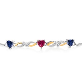 Gem Stone King 1.63 Ct Heart Shape Blue Created Sapphire Red Created Ruby 925 Silver and 10K Yellow Gold Lab Grown Diamond Bracelet For Women