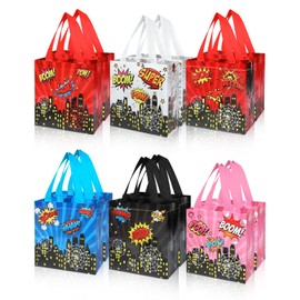 Liobelon 12 Pcs Hero Party Favors Bags Comic Hero Goodie Candy Bag Gift Bags Reusable Non-Woven Treat Bag With Handle for Boom Theme Birthday Baby Shower Party Supplies (Spider Hero)