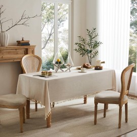 YZJZEDS Linen Tablecloth with Tassels, Farmhouse Style Light Beige Tablecloth, Water Resistant Burlap Tablecloths for Rectangle Table, 60x120 Inch Light Tan