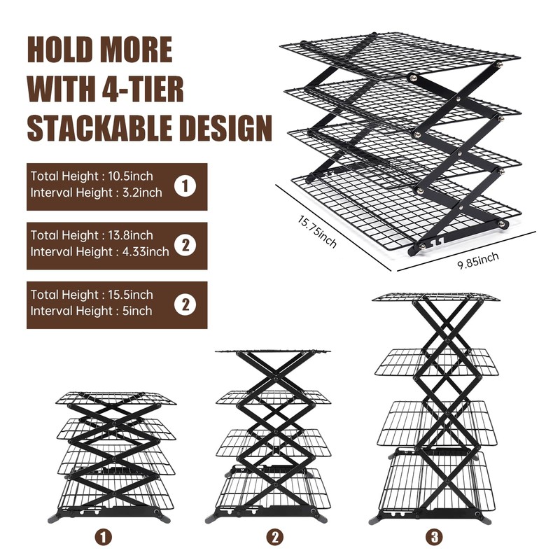 4-Tier Collapsible Cooling Rack – 16" x 10" Adjustable Stackable