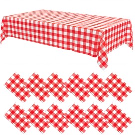 12 Pack Red and White Plastic Checkered Tablecloth, Premium Decorative Disposable Red Gingham Plaid Table Cloths for Parties, Rectangle Party Table Cover for Picnic Farm Birthday Wedding, 54x108 Inch