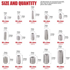 Hilitchi 295Pcs M3/4/5/6/8 304 Stainless Steel Set Screw Assortment with Internal Hex Drive and Cup Point, Metric