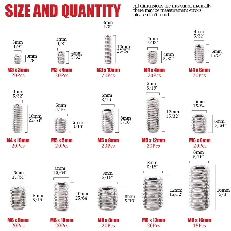Hilitchi 295Pcs M3/4/5/6/8 304 Stainless Steel Set Screw Assortment with