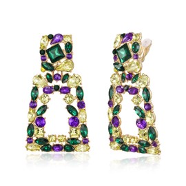 Flyonce Mardi Gras Clip On Earrings for Women, Carnival Theme Rectangle Dangle Earrings, Costume Jewelry Accessories for Festivals