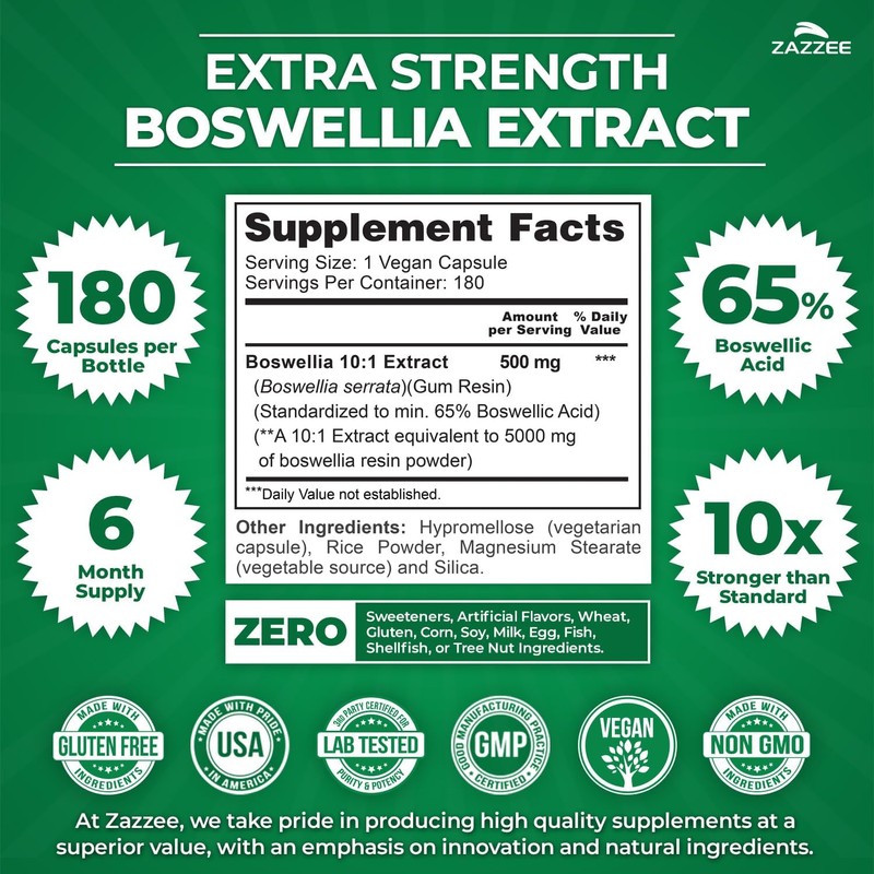Zazzee Extra Strength Boswellia 10:1 Extract, 65% Boswellic Acid, 180