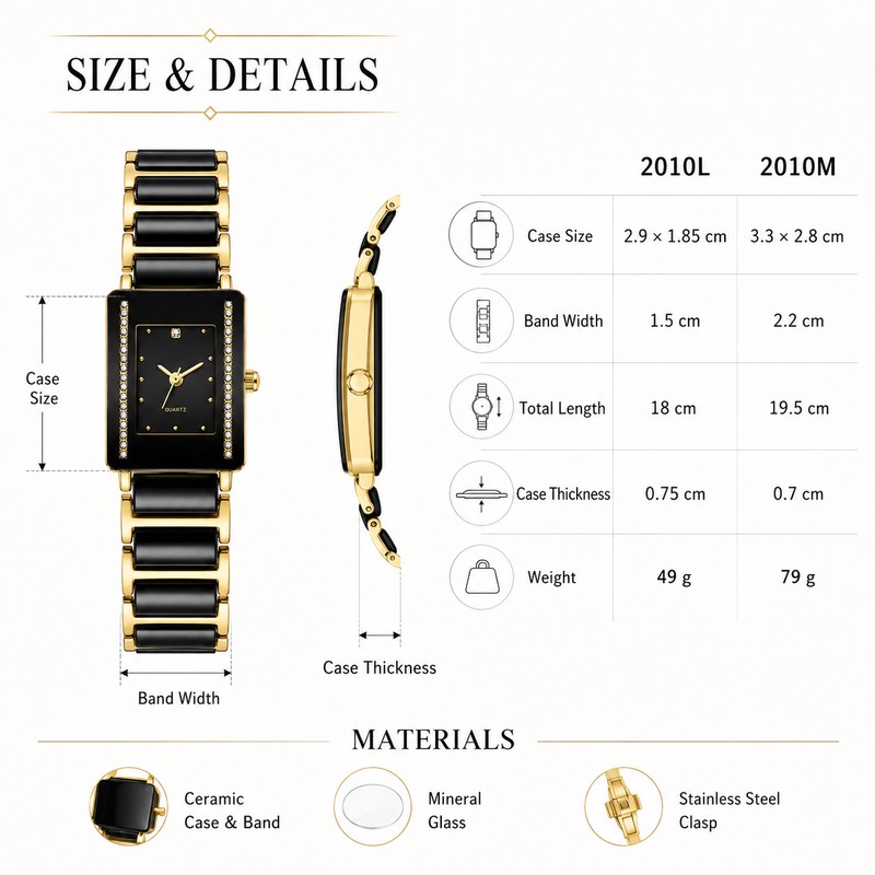 XV12 Rectangular Ceramic Quartz Watch – Black & Gold Date
