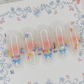 Blue Ribbon Garden Handmade Nail Tips - Square L / 블루 리본 가든 수제네일팁 - 스퀘어L