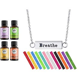 Wild Essentials "Breathe" Essential Oil Diffuser Bar Necklace Gift Set Aromatherapy Pendant, 24" Stainless Steel Chain, 12 Color Refill Pads and Pure Oils: Lavender, Peppermint, Inner Calm, Zen