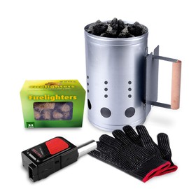 homenote Rapid Charcoal Chimney Starter Set Fireplace Accessories Lighter Cubes BBQ Heat Resistant Gloves Blower BBQ Tools（11.5" x 7" x 7"）