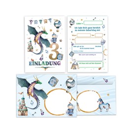 Minkocards 12 Invitation Cards with 12 Envelopes for 3rd Children's Birthday Boy Knight Dragon Invitation Set
