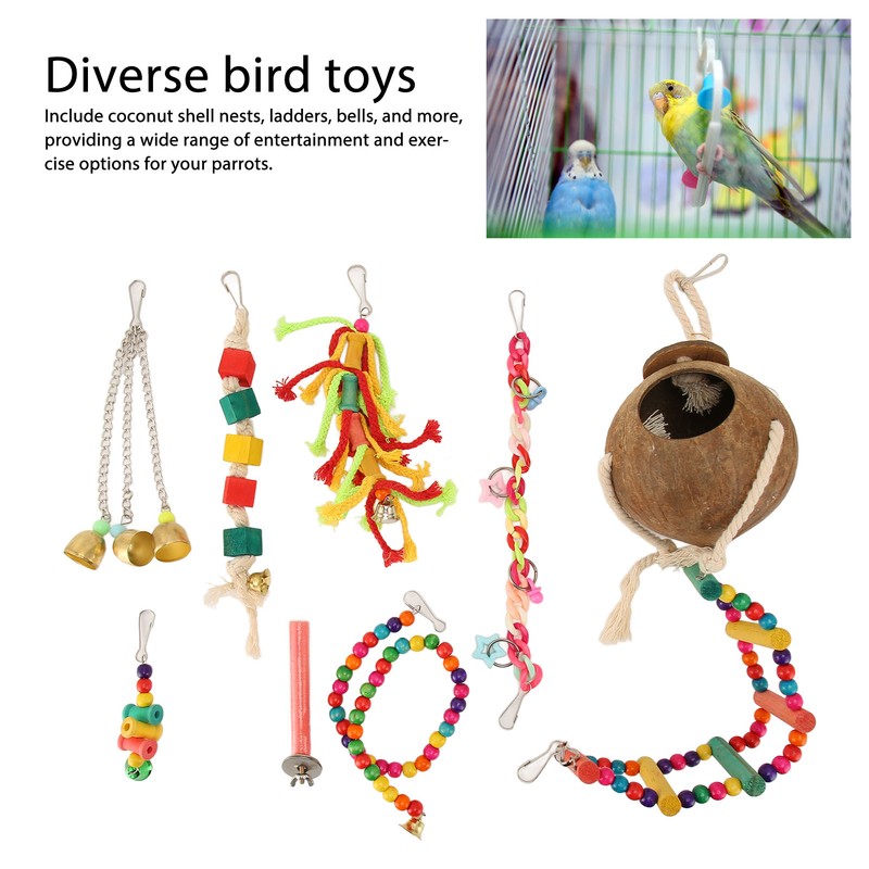 8pcs Parrot Toys Adjustable Coconut Shell Ladder Hanging Toys Interactive