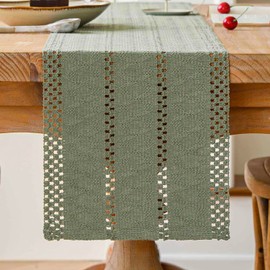 Avalune Table Runner Sage Green Boho Table Runner Modern Farmhouse Small Slim Tablecloth Decor Macrame Cotton Linen Country House Style Rustic Table Runner for Kitchen Wedding Party 30 x 140 cm