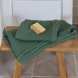 Viva Maison - Muslin Towels for Adult Bath, Thin Towels for Bathroom, Soft, Quick-Dry, Lint-Free, Large Size 32x67 Inch (Green, 1 Bath & 1 Hand Towel Set)