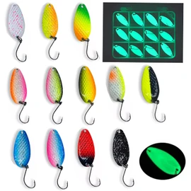 Njord Kalastus Glow Spoon Set, Luminous and UV Active Trout Spoon Set, 12 Pieces + Box, Extreme Luminosity Thanks to Special Paint, Trout Bait Set, Spoons Trout