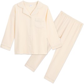 Aablexema Unisex Kids Pajamas Set Button-Down Long Sleeve Cotton Sleepwear Lounge Set(Beige,120/5-6y)
