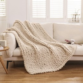 WESHIONGOO Chunky Knit Blanket Throw Knitted Throw Blankets for Couch Bed Fluffy Soft Blanket with Jumbo Chenille Yarn Thick 100% Handmade (Linen, 50"×60")