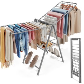 APEXCHASER Clothes Drying Rack Foldable, Metal Laundry Drying Rack Collapsible, Portable Compact Clothes Rack for Sweater Baby Clothes Towel Indoor & Outdoor, Height Adjustable Clothes Airer, Grey