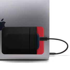 Afterplug 2-Pocket Adhesive Storage Pouch, Laptop Accessory Organizer for SSD, Magic Mouse, Cables, Black and Red